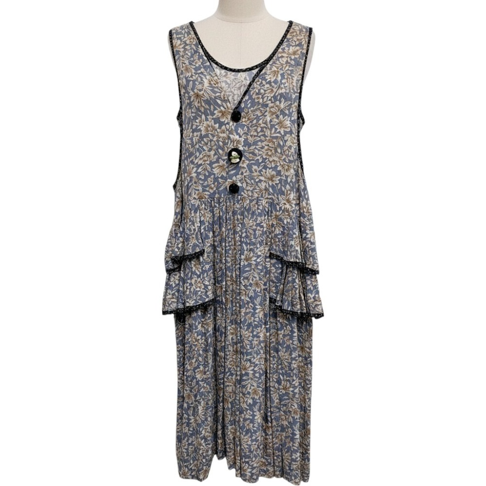 VTG Pinafore Cottage BOHO Garden Dress Womens Large Blue Floral Sleeveless Midi